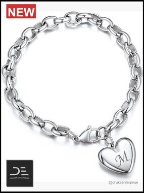 Stainless Steel Adjustable Heart Charm Initial Bracelet with Gift Box